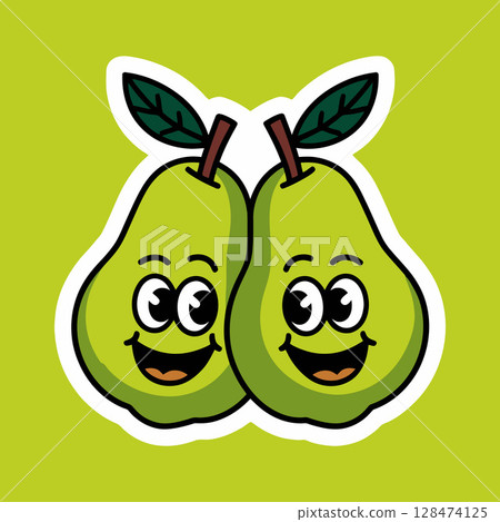 Cartoon Pear Duo with Smiling Faces on Green Background 128474125