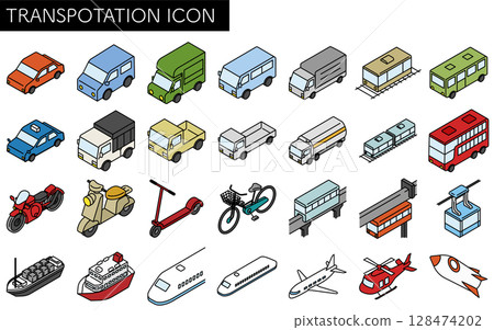 Vehicle icon set, simple and cute isometric line drawing icons of bicycles, motorbikes, cars and public transport Vehicle icon set, simple and cute isometric line drawing icons of bicycles, motorbikes, cars and public transport 128474202
