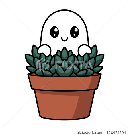 Cartoon Ghost Peeking from Succulent Pot 128474294
