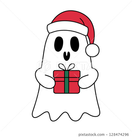 Cartoon Ghost with Santa Hat Holding Christmas Gift 128474296