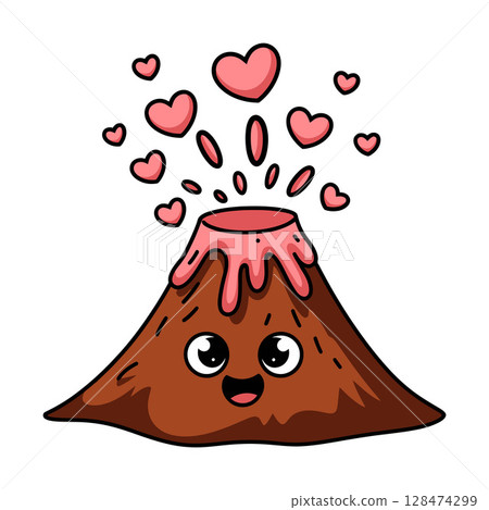Cartoon Volcano with Smiling Face Erupting Pink Hearts Cartoon Volcano with Smiling Face Erupting Pink Hearts 128474299