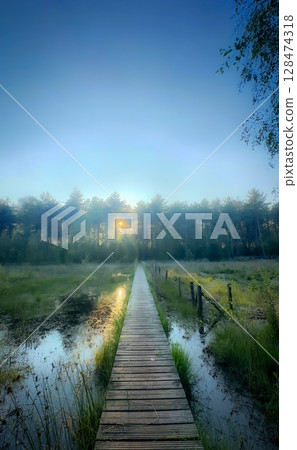 A Tranquil Wooden Pathway Winding Through Lush, Green Nature for Everyone to Enjoy 128474318