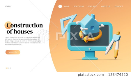 Construction of houses, architect developer service three-dimensional computer technologies vector landing page design 128474320