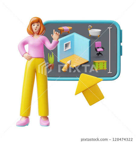 3D woman character showing interior design of room with furniture on tablet. 3D woman character showing interior design of room with furniture on tablet. 128474322