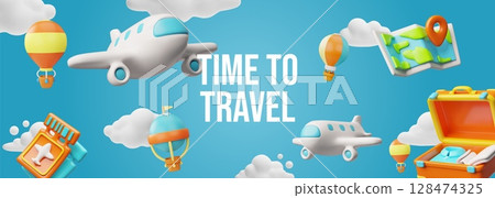 3D banner with airplanes, hot air balloons, airline tickets, suitcase, map on blue background. 3D banner with airplanes, hot air balloons, airline tickets, suitcase, map on blue background. 128474325