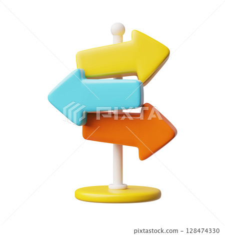 3D direction sign with three multi-colored arrows located in different directions. 128474330