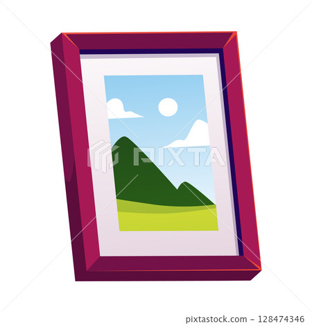 Picture in a wooden frame flat icon, summer nature landscape, cartoon forest hills, field and sky with sun painting Picture in a wooden frame flat icon, summer nature landscape, cartoon forest hills, field and sky with sun painting 128474346