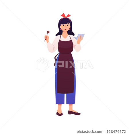 Visagiste in apron with brush and palette of eyeshadow and blush, vector beauty salon stylists with makeup cosmetics 128474372