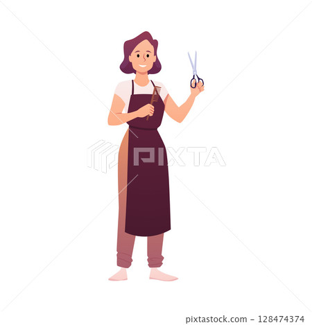 Happy young woman in brown apron holding scissors and comb, hairdresser. Happy young woman in brown apron holding scissors and comb, hairdresser. 128474374