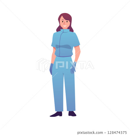 Spa salon massage or cosmetology therapist in blue uniform with gloves, vector flat woman beauty salon employee Spa salon massage or cosmetology therapist in blue uniform with gloves, vector flat woman beauty salon employee 128474375