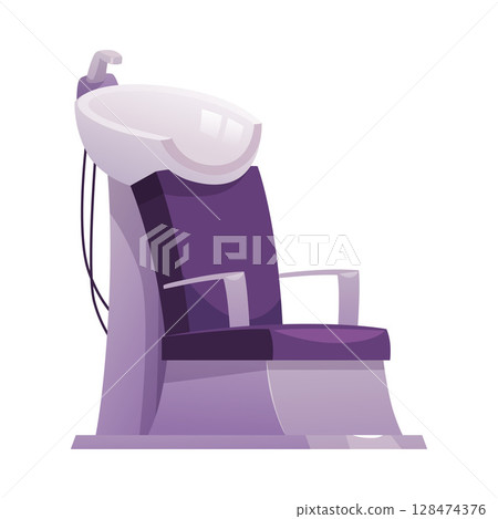 Sink chair with a sink and a faucet, purple color. Equipment for washing hair in a beauty salon. Sink chair with a sink and a faucet, purple color. Equipment for washing hair in a beauty salon. 128474376