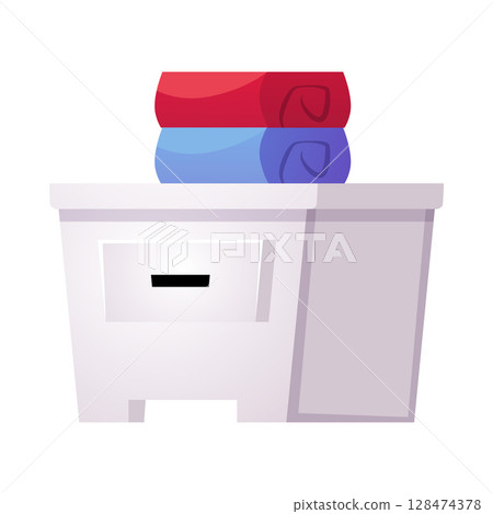 White cardboard box with folded and stacked red and blue towels vector flat illustration, stuff coffer storage container White cardboard box with folded and stacked red and blue towels vector flat illustration, stuff coffer storage container 128474378