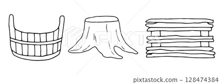 Wooden garden box, stump, bucket. Vector illustration of village objects. Hand drawn simple black graphics in doodle style. Outline drawing of garden equipment for farming and harvesting. Wooden garden box, stump, bucket. Vector illustration of village objects. Hand drawn simple black graphics in doodle style. Outline drawing of garden equipment for farming and harvesting. 128474384