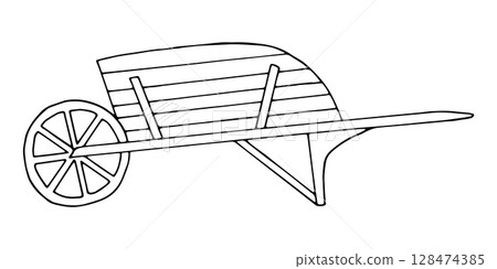 Wooden garden cart. Vector illustration of a village wagon. Hand drawn simple black graphics in doodle style. Outline drawing of transport for farm and harvest. Rural vehicle for gardening, farming. 128474385