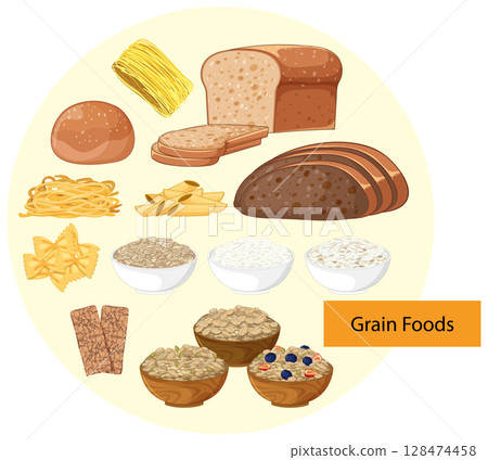 Assorted Grain Foods in Flat Vector Illustration 128474458