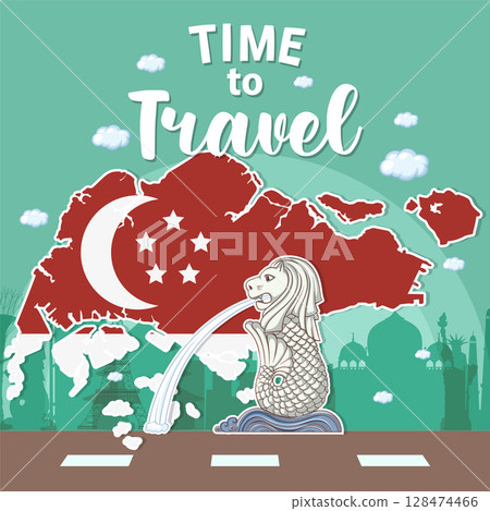 Singapore Travel Illustration with Merlion and Map 128474466