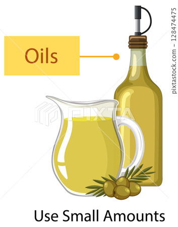 Olive Oil Bottle and Jug with Olives Illustration Olive Oil Bottle and Jug with Olives Illustration 128474475