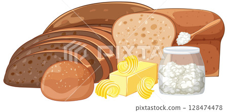 Whole Wheat Bread with Butter and Cottage Cheese 128474478