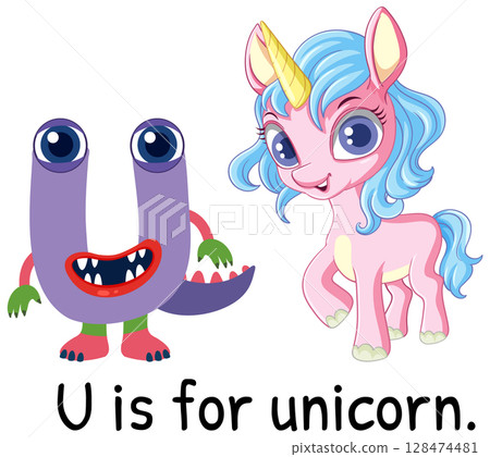 Whimsical Alphabet U with Cute Unicorn Whimsical Alphabet U with Cute Unicorn 128474481