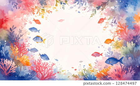 珊瑚框架與五顏六色的珊瑚和魚畫在水彩 珊瑚框架與五顏六色的珊瑚和魚畫在水彩 128474497