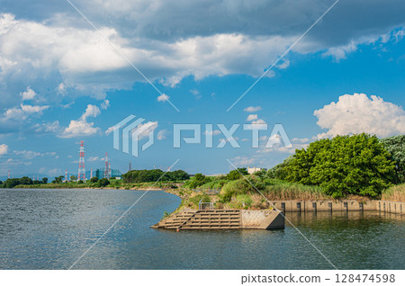 Summer scenery of the Yodo River, view from the Hirakata area of Yodo River Park, Hirakata City Summer scenery of the Yodo River, view from the Hirakata area of Yodo River Park, Hirakata City 128474598