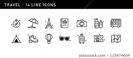 This set of 14 exquisite icons showcases the essence of travel, including a compass, tent, passport, camera and map, perfectly capturing the charm of adventure and exploration This set of 14 exquisite icons showcases the essence of travel, including a compass, tent, passport, camera and map, perfectly capturing the charm of adventure and exploration 128474604