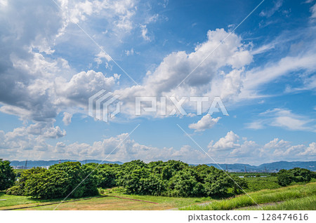 大阪府枚方市淀川堤岸的夏日河床景觀 大阪府枚方市淀川堤岸的夏日河床景觀 128474616