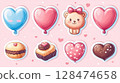 Adorable Valentines Day themed illustrations featuring heart-shaped balloons, a teddy bear, macarons, cupcakes, and chocolates on a pastel pink background adorned with tiny hearts. 128474658