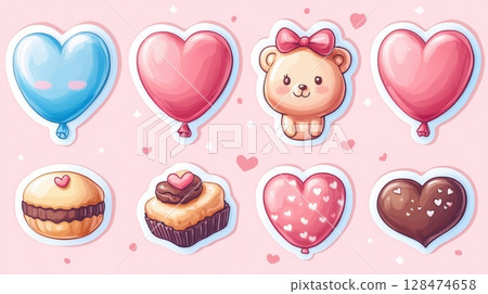 Adorable Valentines Day themed illustrations featuring heart-shaped balloons, a teddy bear, macarons, cupcakes, and chocolates on a pastel pink background adorned with tiny hearts. Adorable Valentines Day themed illustrations featuring heart-shaped balloons, a teddy bear, macarons, cupcakes, and chocolates on a pastel pink background adorned with tiny hearts. 128474658