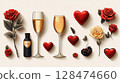 Two elegant wine glasses, one filled with red wine and the other with sparkling rose, are surrounded by painted roses, leaves, and heart shaped decorations, evoking a romantic and artistic ambiance. 128474660