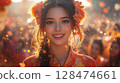 A radiant young woman in vibrant traditional Chinese attire adorned with floral accessories beams with joy amidst a festive crowd, capturing the lively spirit of Chinese New Year celebrations. 128474661
