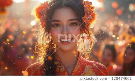 A radiant young woman in vibrant traditional Chinese attire adorned with floral accessories beams with joy amidst a festive crowd, capturing the lively spirit of Chinese New Year celebrations. A radiant young woman in vibrant traditional Chinese attire adorned with floral accessories beams with joy amidst a festive crowd, capturing the lively spirit of Chinese New Year celebrations. 128474661
