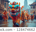 A vibrant lion dance parade with colorful costumes and intricate designs winds through city streets, celebrating Chinese New Year with energy, tradition, and cultural pride amidst cheering crowds. 128474662