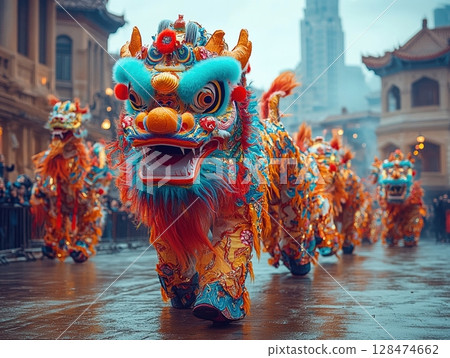 A vibrant lion dance parade with colorful costumes and intricate designs winds through city streets, celebrating Chinese New Year with energy, tradition, and cultural pride amidst cheering crowds. 128474662
