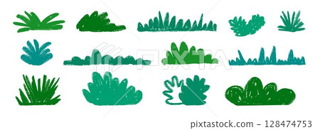 Hand drawn bushes and grass collection. Green crayon shrubbery set. Doodled shrub and tree shape bundle. Pencil sketched foliage elements. Scribbled cartoon green plant pack. Vector illustration 128474753