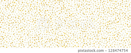 Golden star confetti seamless pattern. Gold glitter sparkle repeated background. Yellow shining flake repeating wallpaper. Vector Christmas, New Year, wedding or birthday party celebration backdrop 128474754