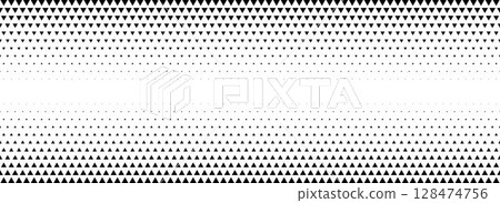 Fading triangle halftone texture gradient. Black and white abstract geometric background. Tech mosaic triangular halfton gradation pattern. Vector vanishing arrow wallpaper for banner, booklet, poster Fading triangle halftone texture gradient. Black and white abstract geometric background. Tech mosaic triangular halfton gradation pattern. Vector vanishing arrow wallpaper for banner, booklet, poster 128474756