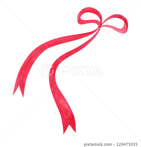 Pink bow made of thin ribbon with flying ends. Isolated watercolor illustration. 128475035