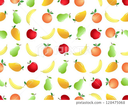 Mix colorful fruits of orange, apple, pear, mango and banana on white background, seamless pattern doodle design. Mix colorful fruits of orange, apple, pear, mango and banana on white background, seamless pattern doodle design. 128475068