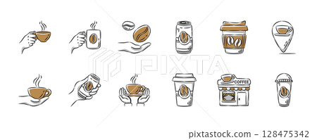 Coffee hand drawn icon collection. Set 2 of 3. Editable stroke. Vector illustration. 128475342