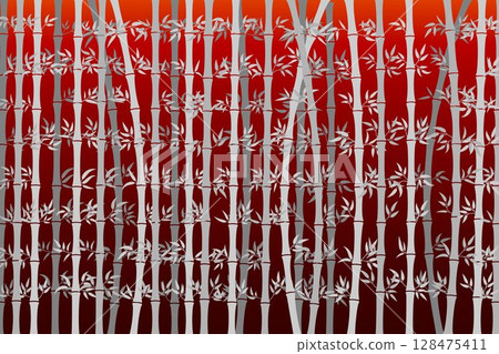 Illustration of bamboo stalks and leaves in shade of gray color palette on gradient of black and red background, can be used for background, textiles, wrapping paper and other decorative purposes. 128475411
