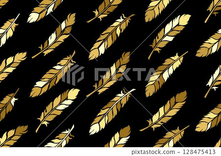 Seamless pattern of stylized feathers in yellow and brown color palette on black background, suitable for fabrics, wallpaper, or other decorative application.  128475413