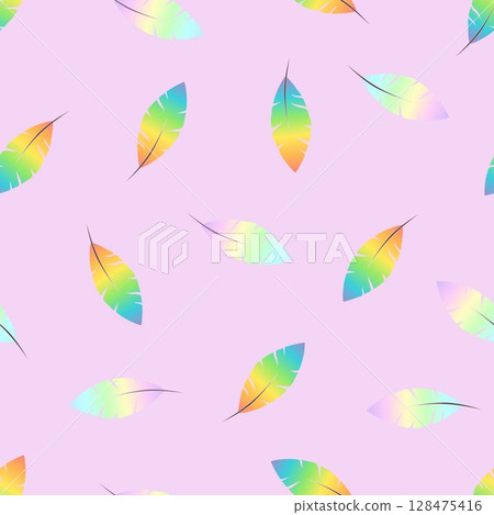 Cartoon feather seamless pattern, abstract vector illustration with soft rainbow colors on pink background, for fabric, textile, clothing, wrapping paper, wallpaper, cover. Cartoon feather seamless pattern, abstract vector illustration with soft rainbow colors on pink background, for fabric, textile, clothing, wrapping paper, wallpaper, cover. 128475416