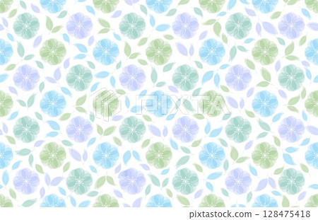 Abstract floral seamless pattern design in gradient green, blue and purple color palette on white background, for background or wallpaper. 128475418