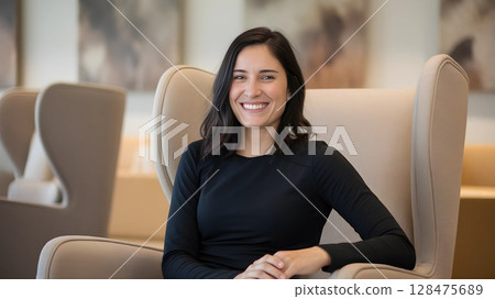 young businesswoman sitting at desk and working 128475689