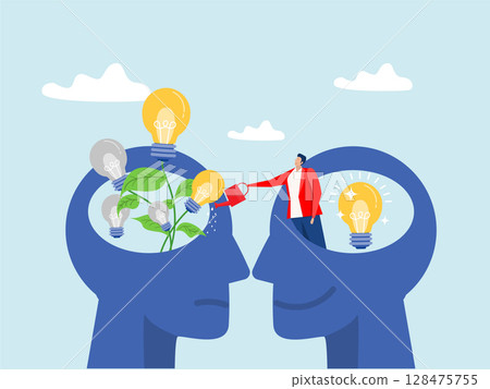 businessman watering ecology plant with a plant growing light bulbs in one, and a person watering the plant in the other. Creative and collaborative idea growth concept. Vector illustration 128475755