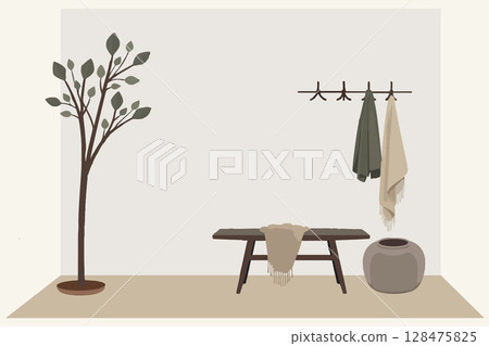 Illustration of a minimalist entryway with wooden bench and wall clothes hanger, decorated with an ornamental plant and a  round big vase on the floor. 128475825