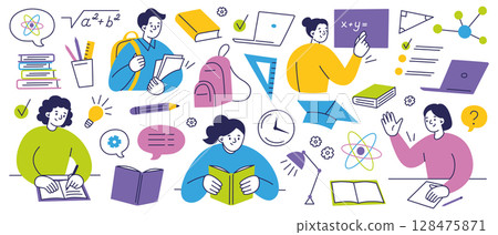 Flat cartoon vector set of students and school elements. Characters studying, reading, writing, answering questions in class and at board. Education, science illustrations, learning and exam 128475871