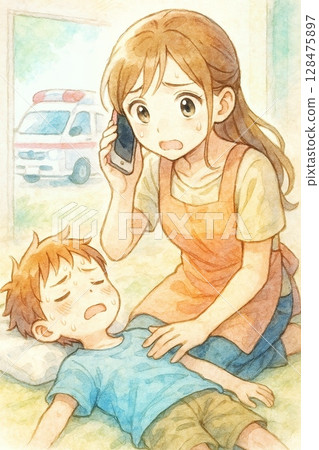 男孩中暑暈倒，母親叫救護車 128475897