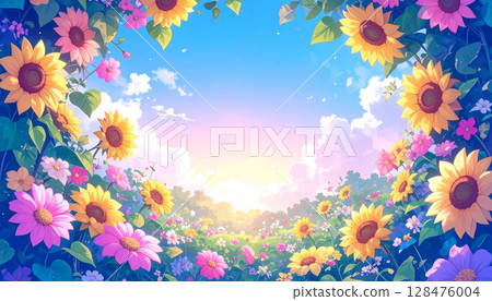 Sunflower field landscape with morning sun shining through 128476004